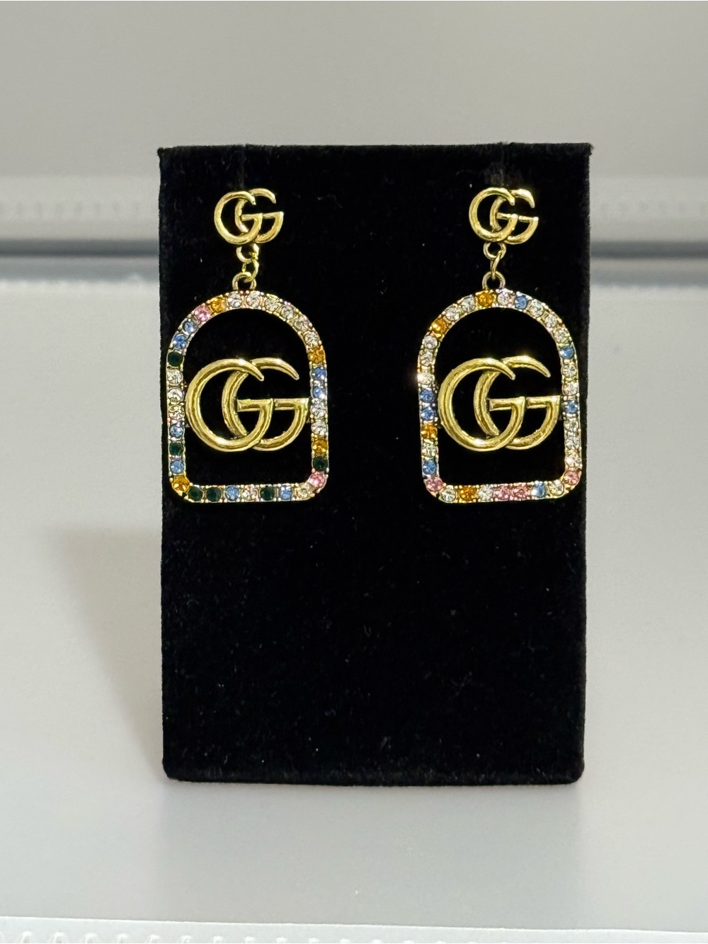 New Arrivals ! Gold Multicolor Crystal Double G Arch Drop Earrings
